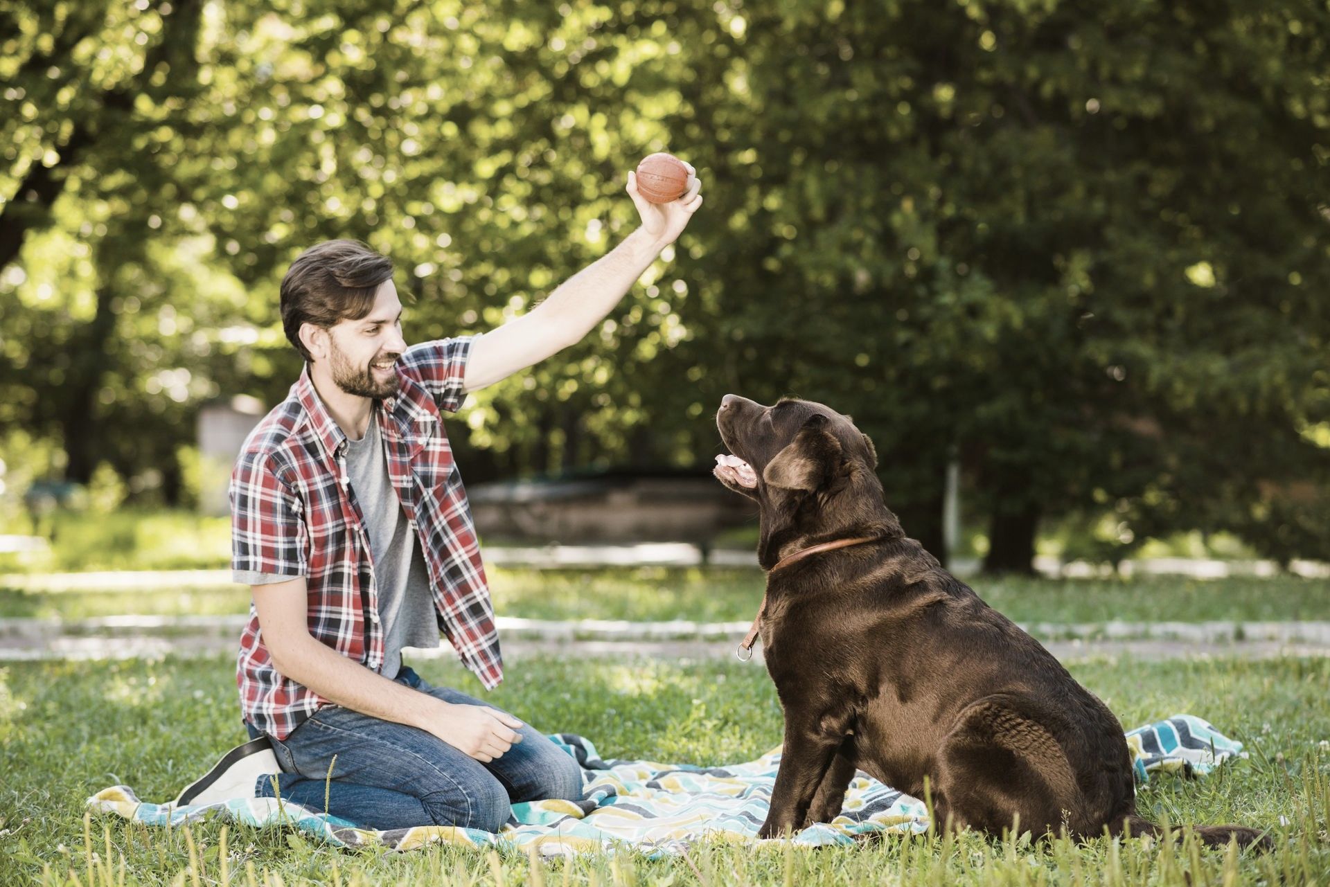 Man playing with his dog in garden.