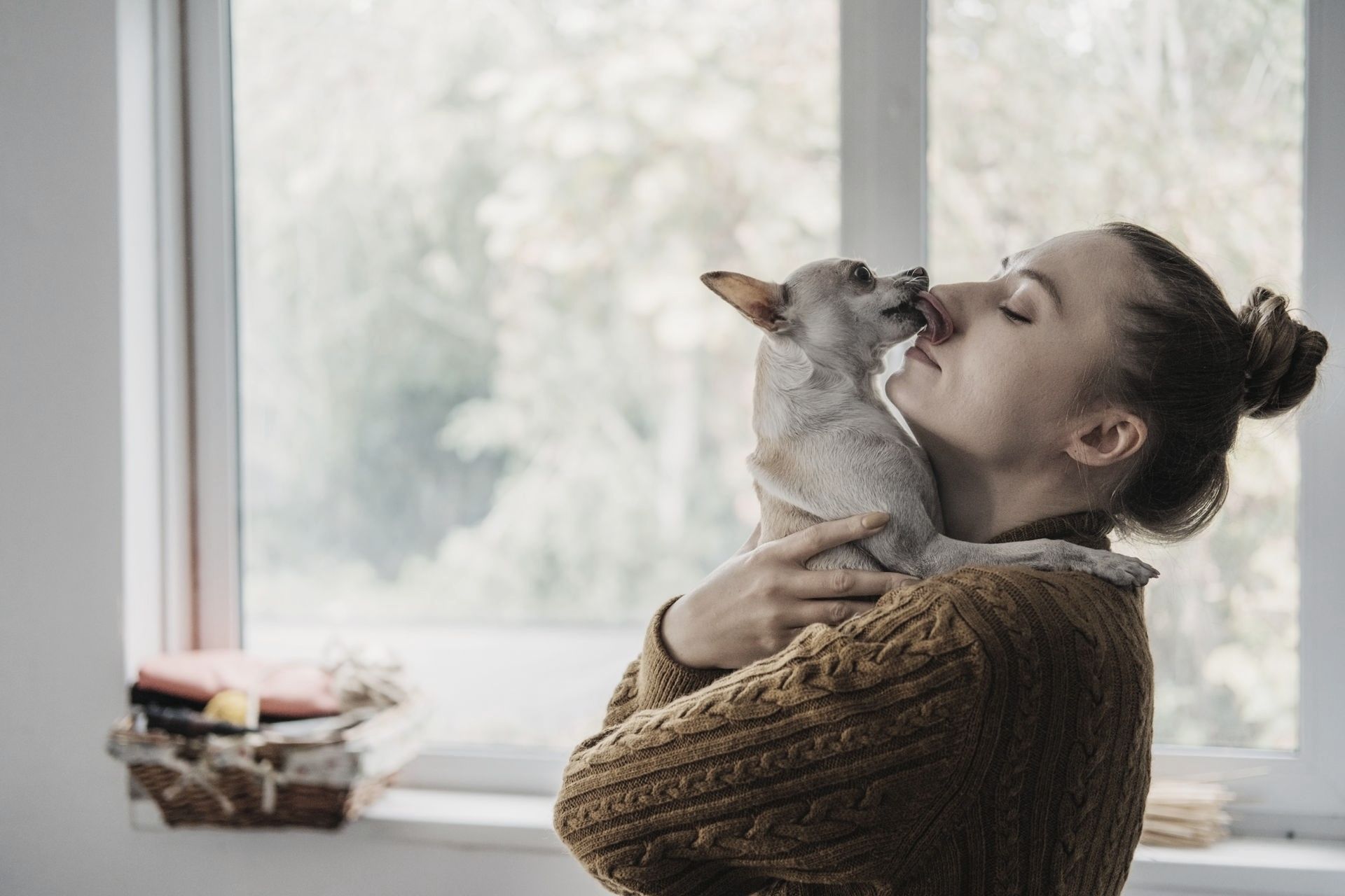 A woman is holding a small dog in her arms and kissing it on the nose.