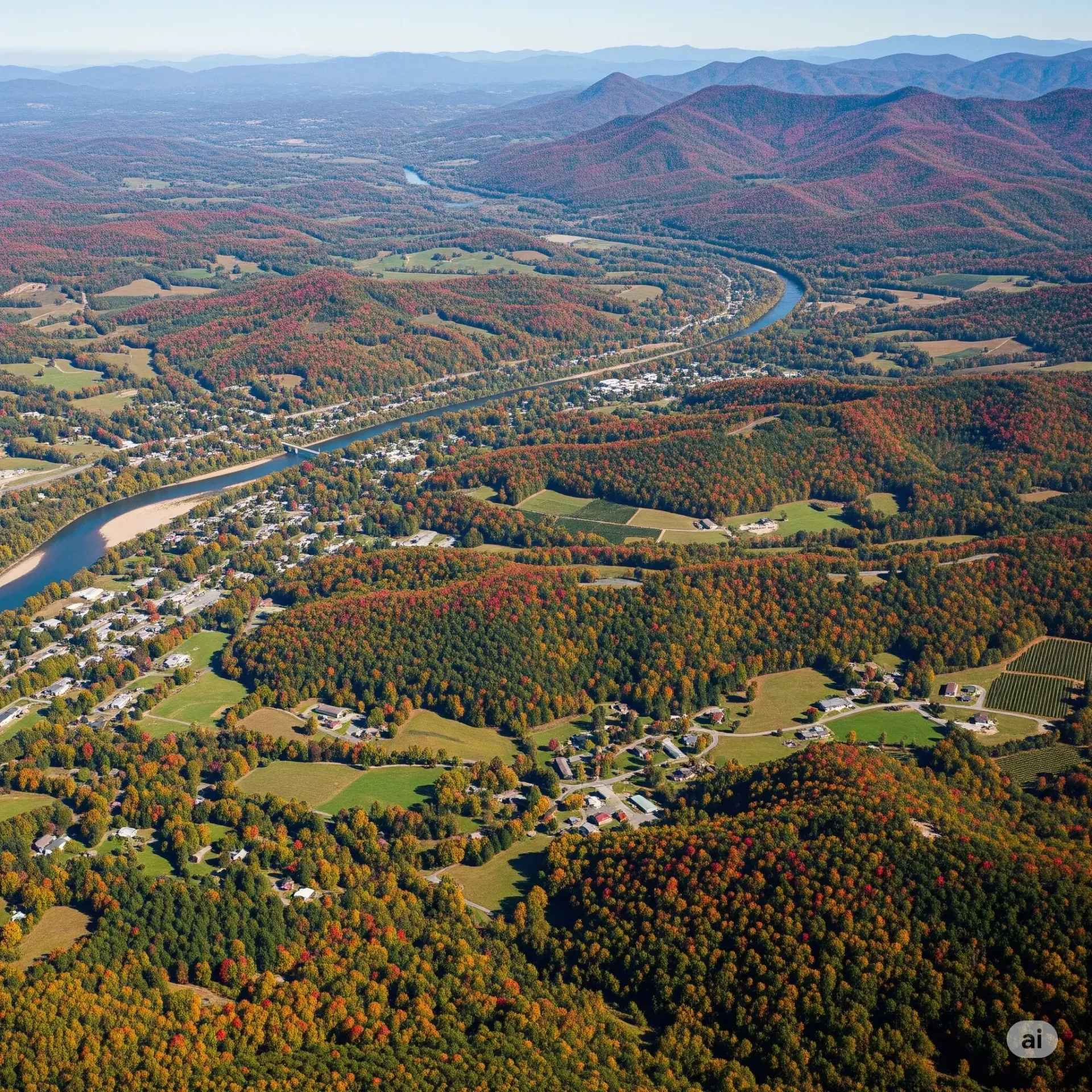 An aerial view of a highway intersection with a city in the background.
