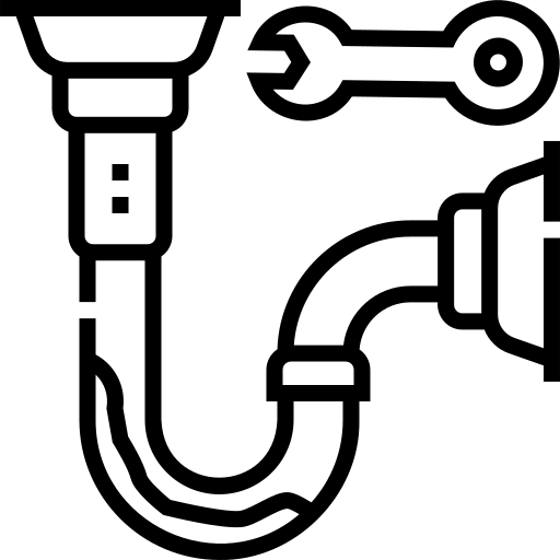a black and white icon of a sink pipe with a wrench attached to it .