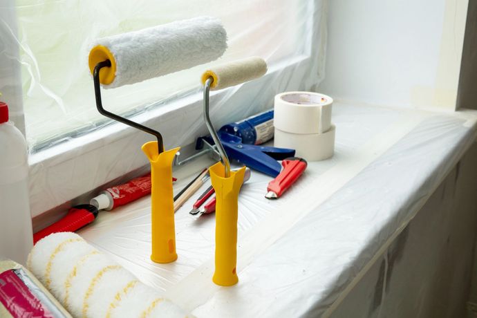 Rulli da pittura, una pistola per sigillante, nastro adesivo e tubetti di sigillante appoggiati su un davanzale ricoperto di plastica.