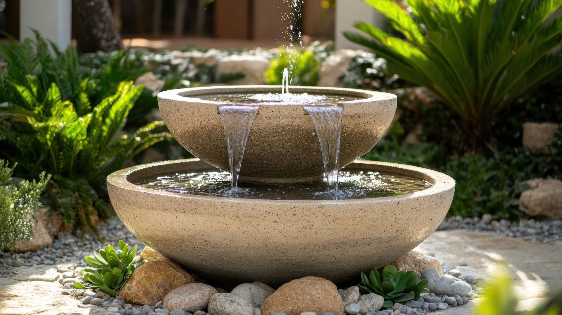 Tiered stone fountain with water flowing into a shallow basin, set among rocks and green garden plants