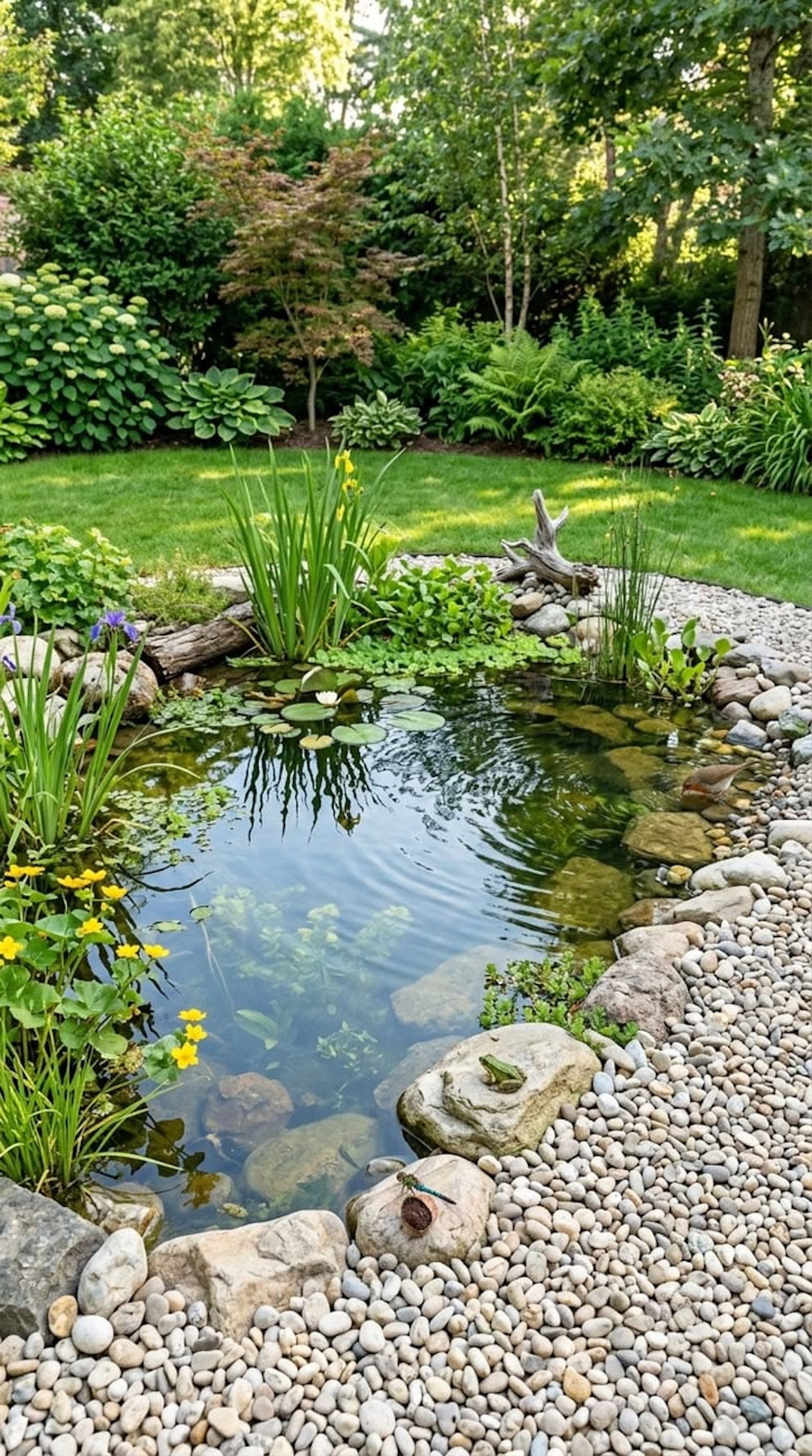 Garden pond with clear water, pebbled edge, aquatic plants, and lush green trees and shrubs.