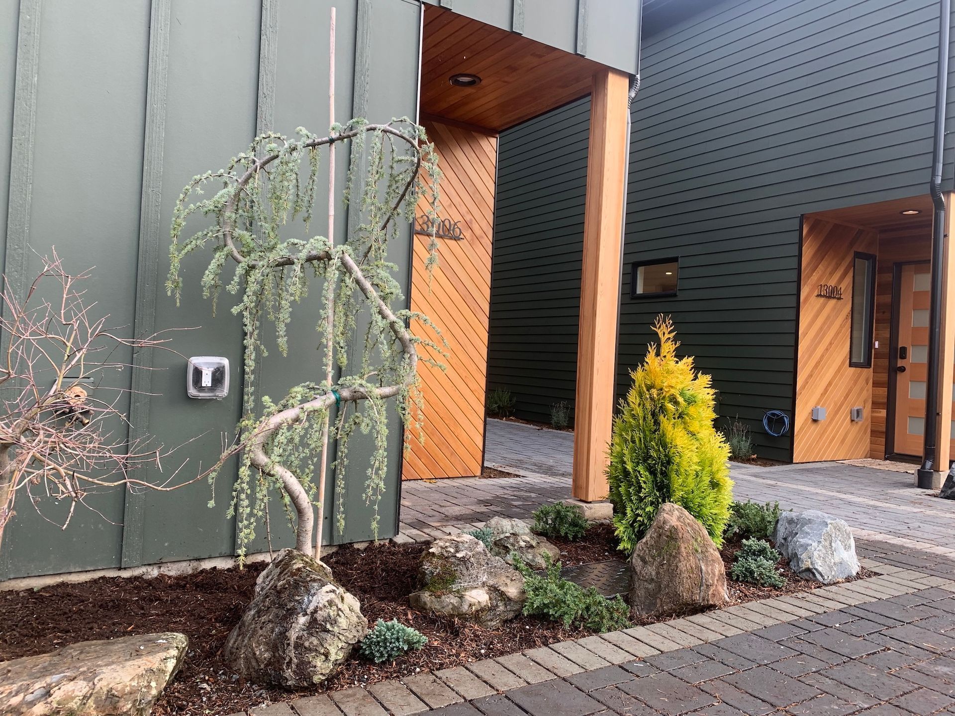 Modern house entry with dark siding, wood accents, potted plants, and a stone walkway