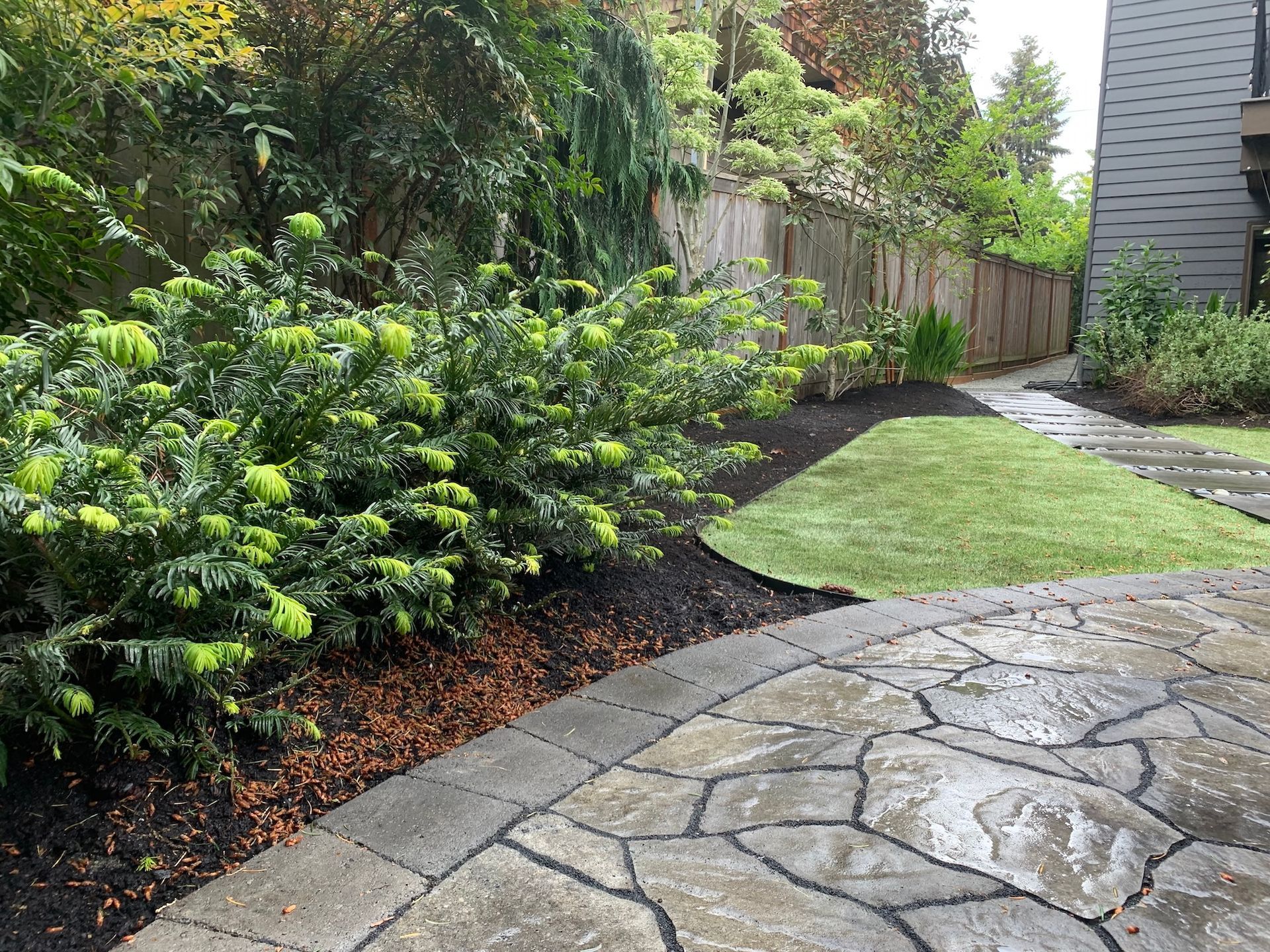 Stone patio beside lush green shrubs and a small lawn in a landscaped backyard.