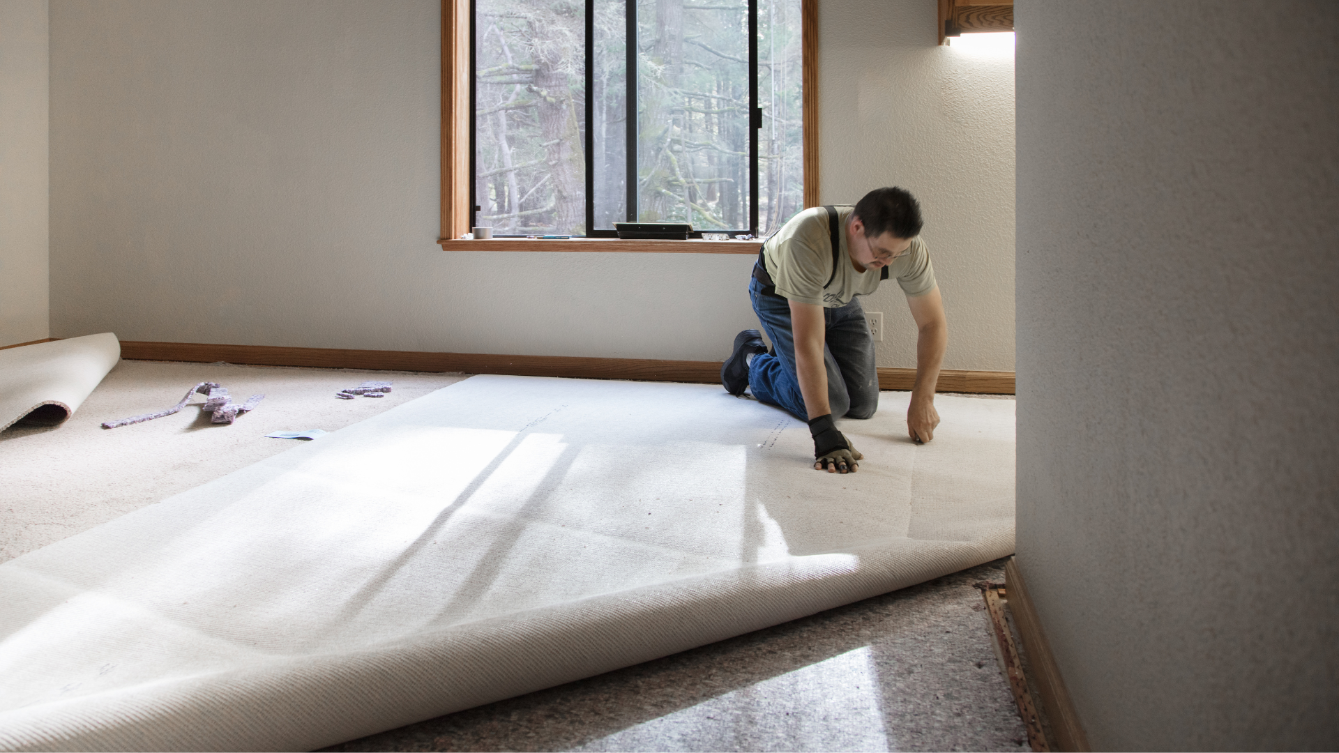 Man kneeling, installing carpet in a room with a window. The carpet is light-colored.
