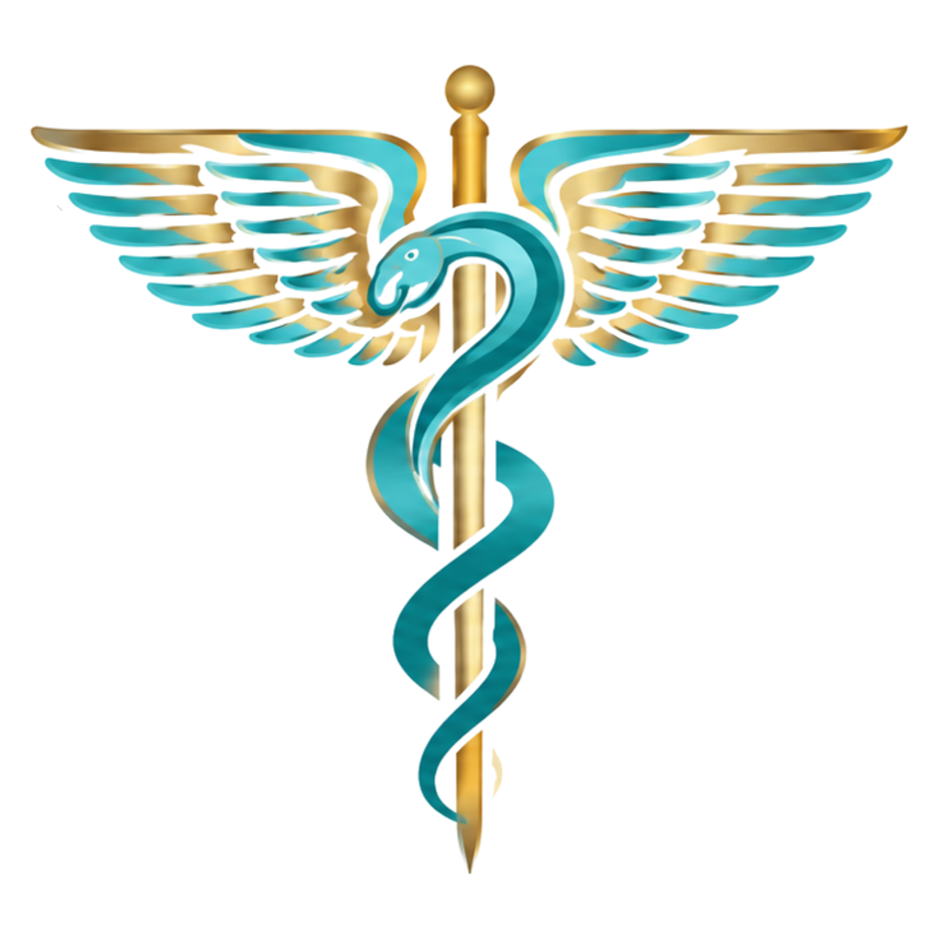 Blue and gold caduceus with wings, a medical symbol on a white background