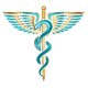 Blue and gold caduceus with wings, a medical symbol on a white background