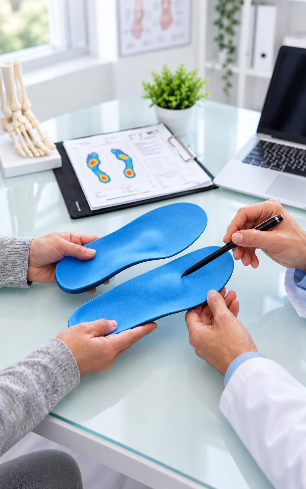 Podiatry consultation with blue insoles being fitted on a glass table рядом a laptop and foot diagram