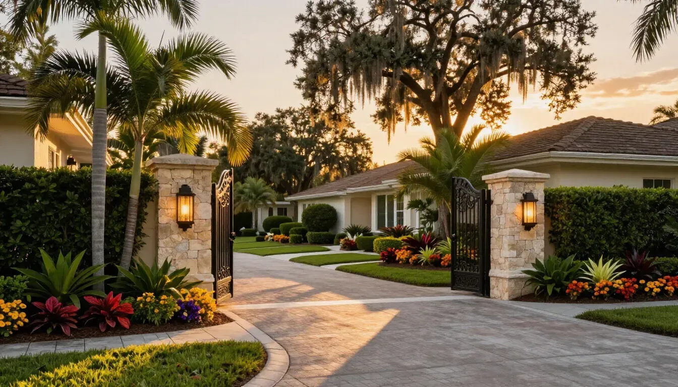 affluence-media-group-luxury-home-entrance-with-landscaped-gardens-palm-trees-and-gated-driveway