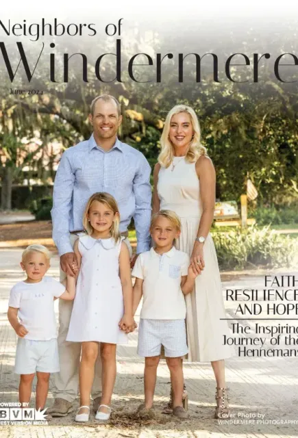 Family of five posing outdoors for Neighbors of Windermere magazine cover, with title and “Faith, Resilience and Hope” text