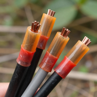 Tres extremos de cable de cobre expuestos con aislamiento negro, gris y negro.