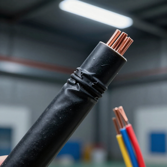 Primer plano de un cable negro con hilos de cobre expuestos y tres hilos de colores al fondo.