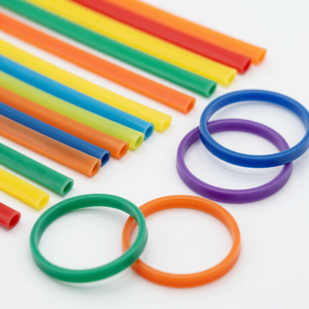 Pajitas y anillos de plástico de colores rojo, amarillo, verde, azul, naranja y morado sobre un fondo blanco.