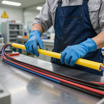 Un trabajador con guantes azules manipula un conducto de cables amarillo sobre un banco de trabajo metálico en un taller.