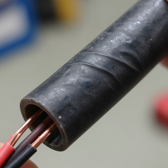 Primer plano del aislamiento de un cable negro con los hilos de cobre expuestos y los hilos interiores rojos y negros.