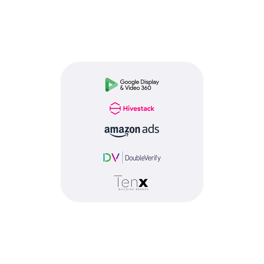Logotipos de Google, Hivestack, Amazon Ads, DoubleVerify y Terx dentro de un rectángulo redondeado.