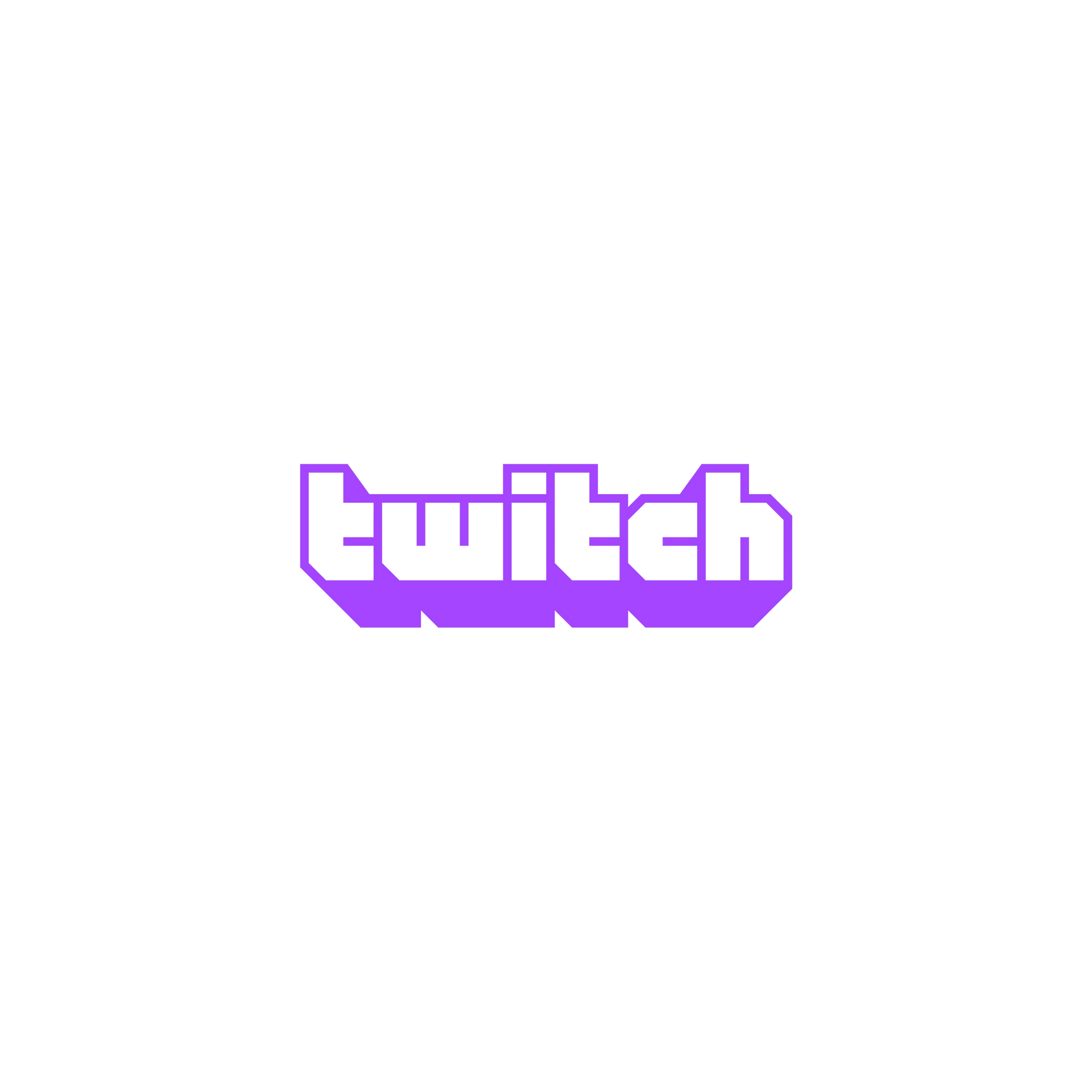 Logotipo de Twitch: Texto morado y blanco con efecto de sombra sobre fondo blanco.
