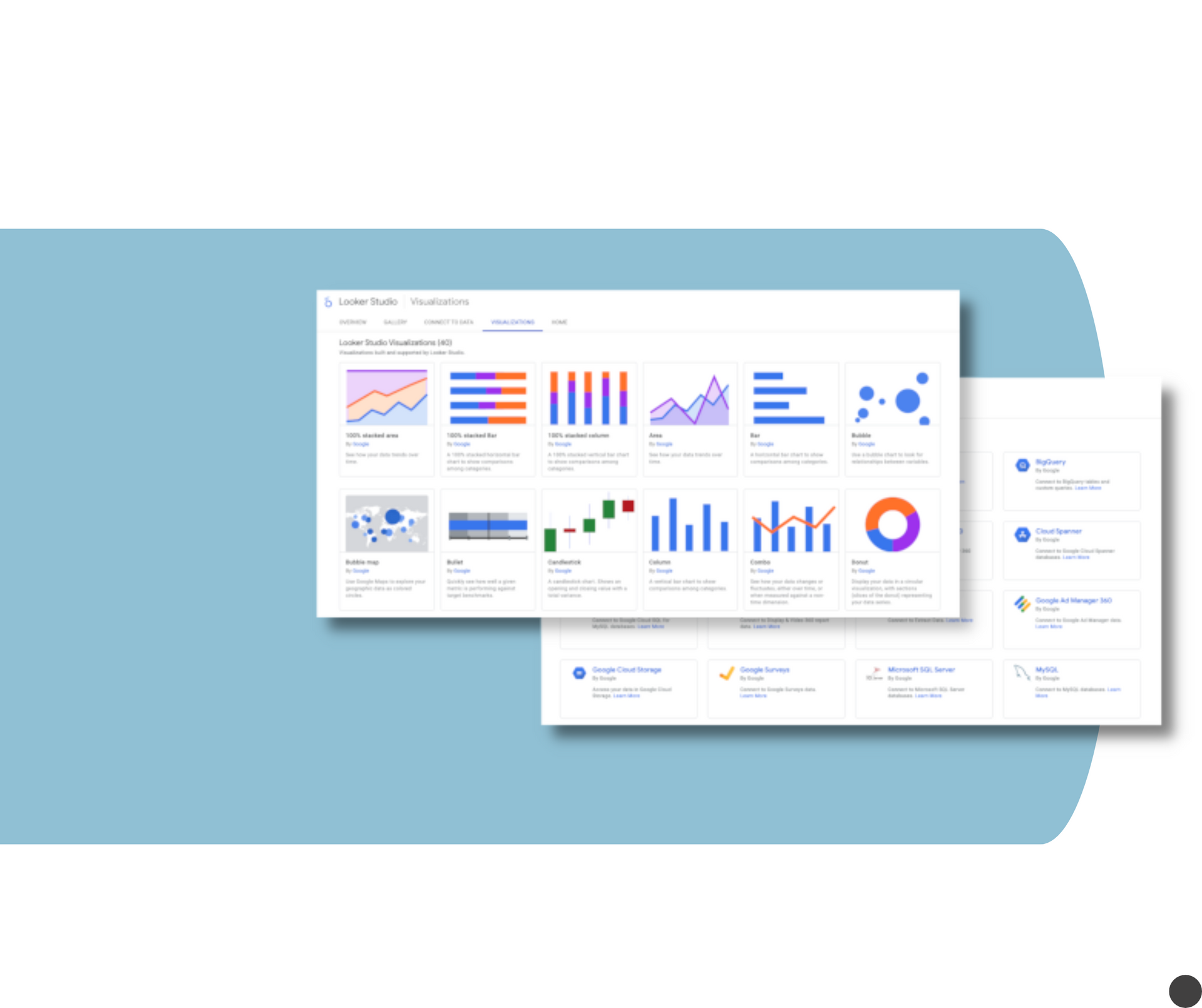 Una pantalla blanca muestra opciones de visualización de datos, con gráficos, tablas y diagramas sobre un fondo azul claro.