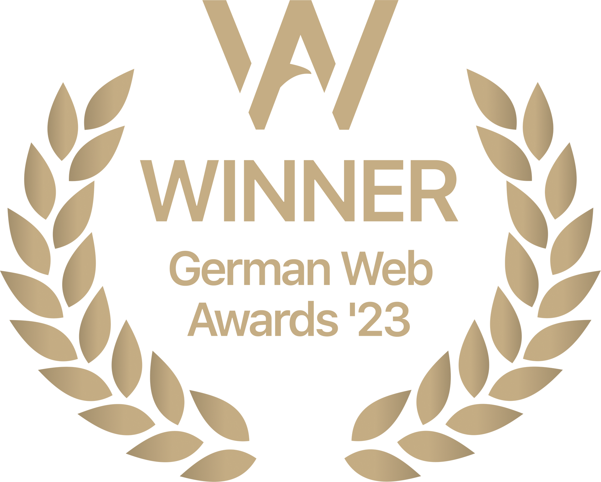 Ein goldener Lorbeerkranz mit der Aufschrift „Gewinner German Web Awards“.
