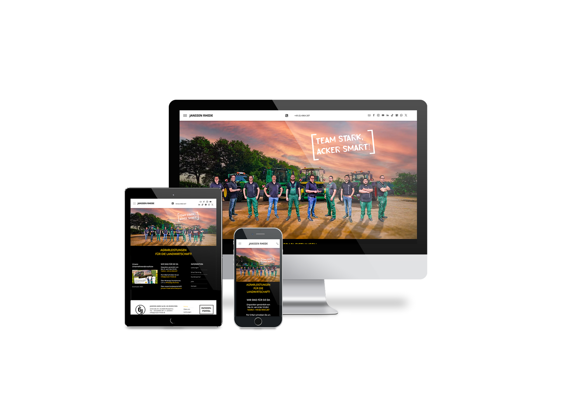 Auf weißem Hintergrund sind ein Computer, ein Tablet und ein Mobiltelefon abgebildet.