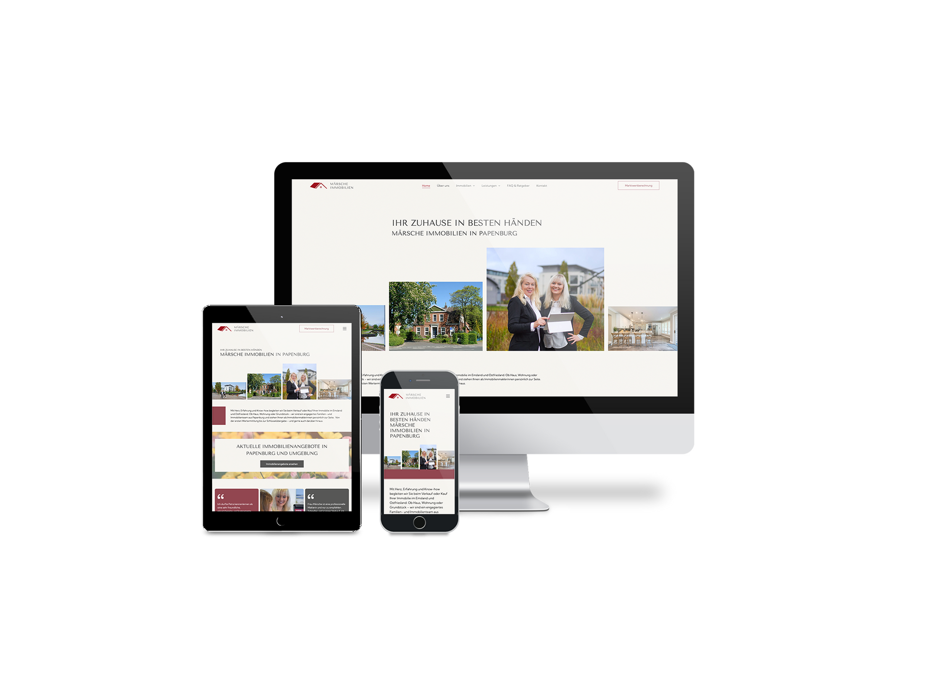 Responsive Website, die auf Desktop-, Tablet- und Smartphone-Bildschirmen auf weißem Hintergrund angezeigt wird