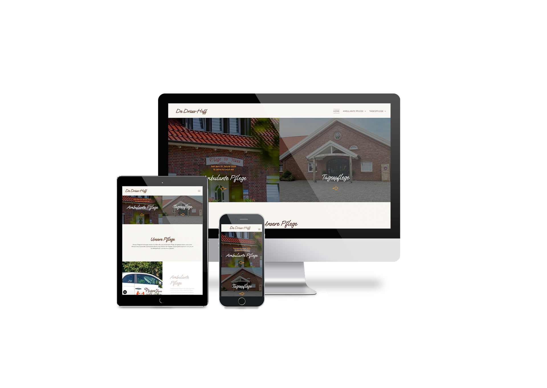 Ein Computer, ein Tablet und ein Mobiltelefon, auf dem eine Website angezeigt wird.