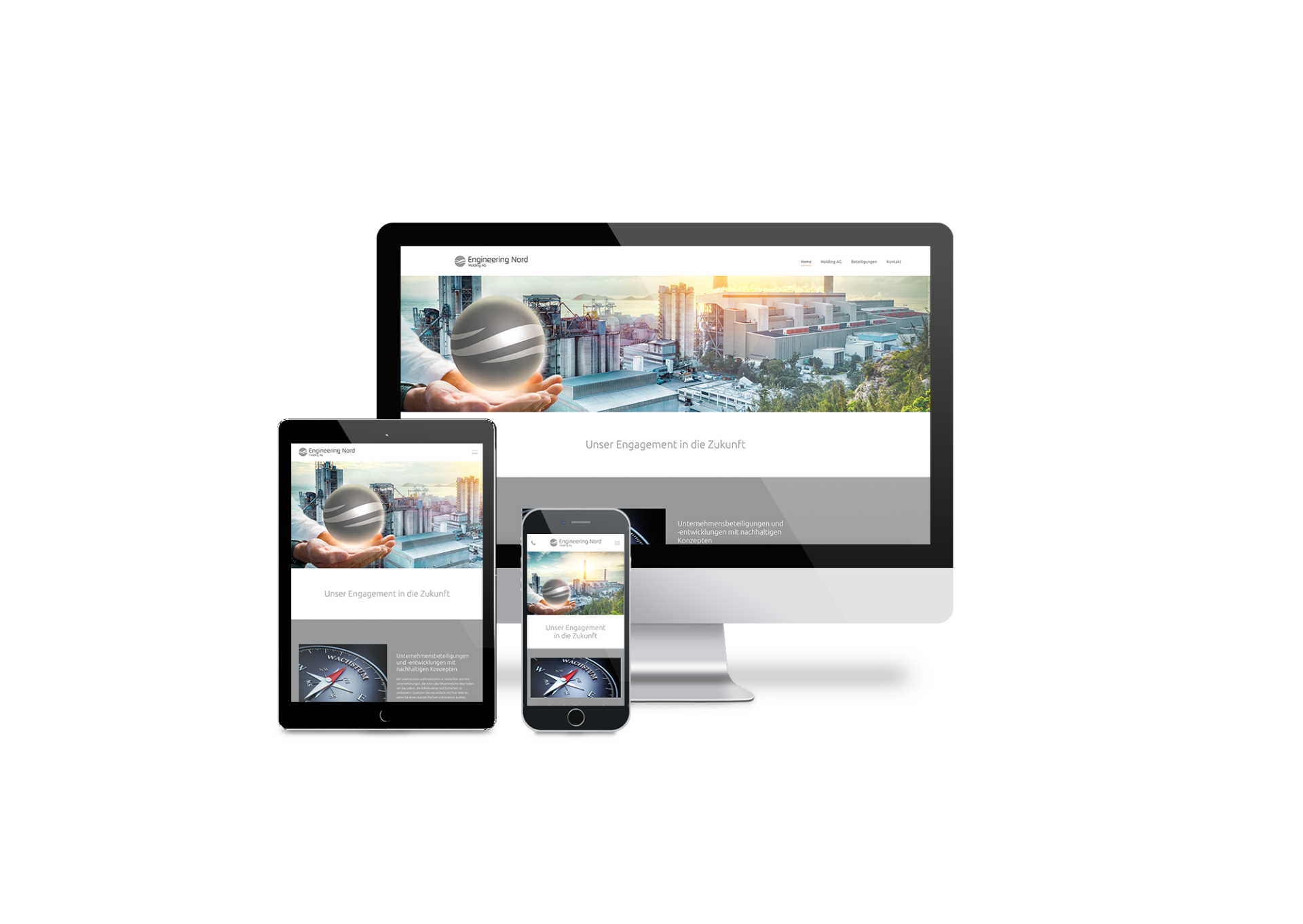 Ein Computer, ein Tablet und ein Mobiltelefon, auf dem eine Website angezeigt wird.