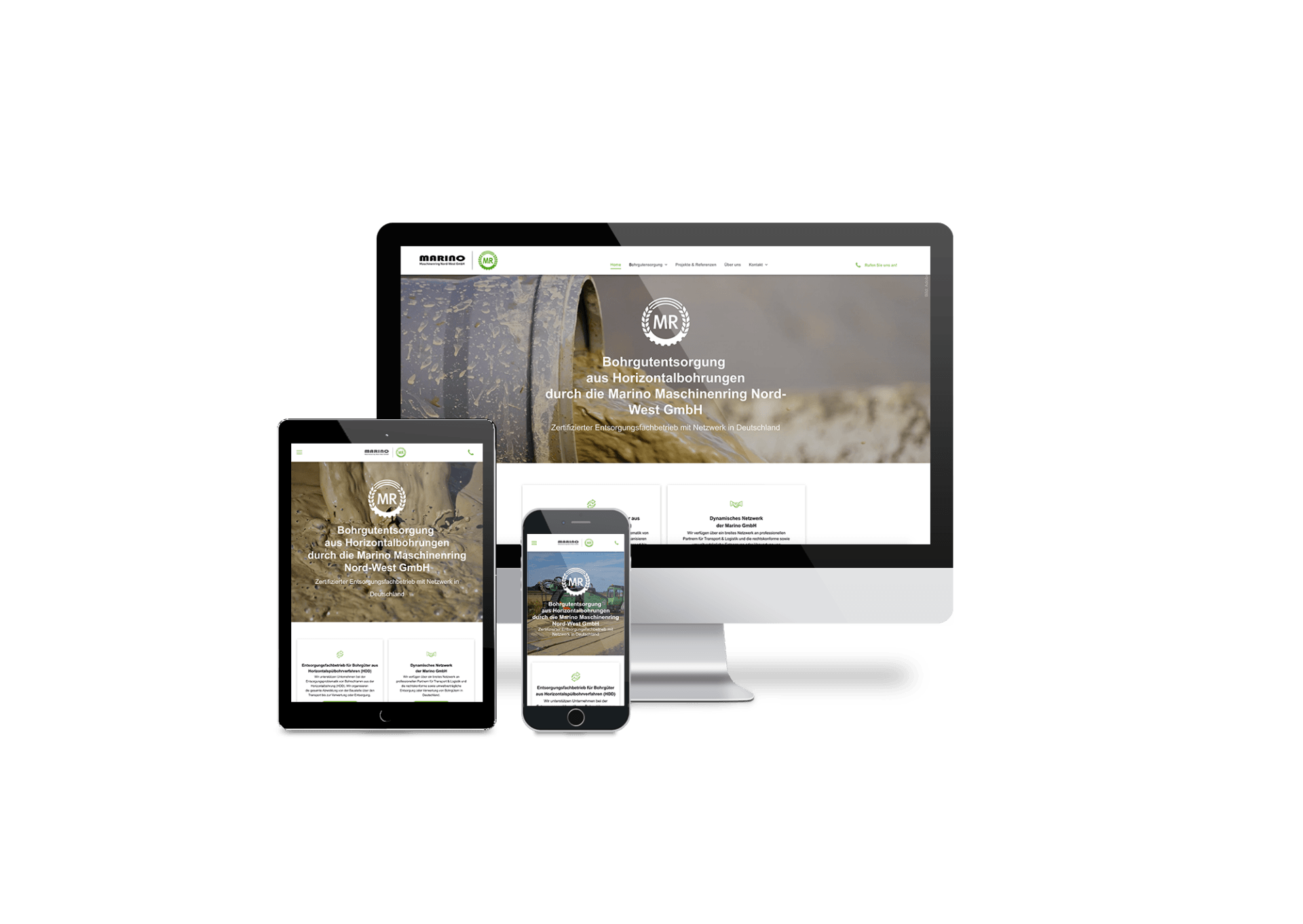 Ein Computer, ein Tablet und ein Mobiltelefon zeigen eine Website auf einem weißen Hintergrund an.