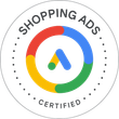 Ein Google Shopping Ads-zertifiziertes Logo mit einem bunten Kreis in der Mitte.