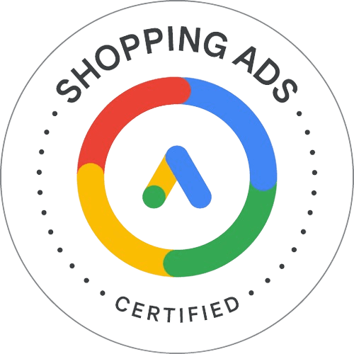 Ein Google Shopping Ads-zertifiziertes Logo mit einem bunten Kreis in der Mitte.