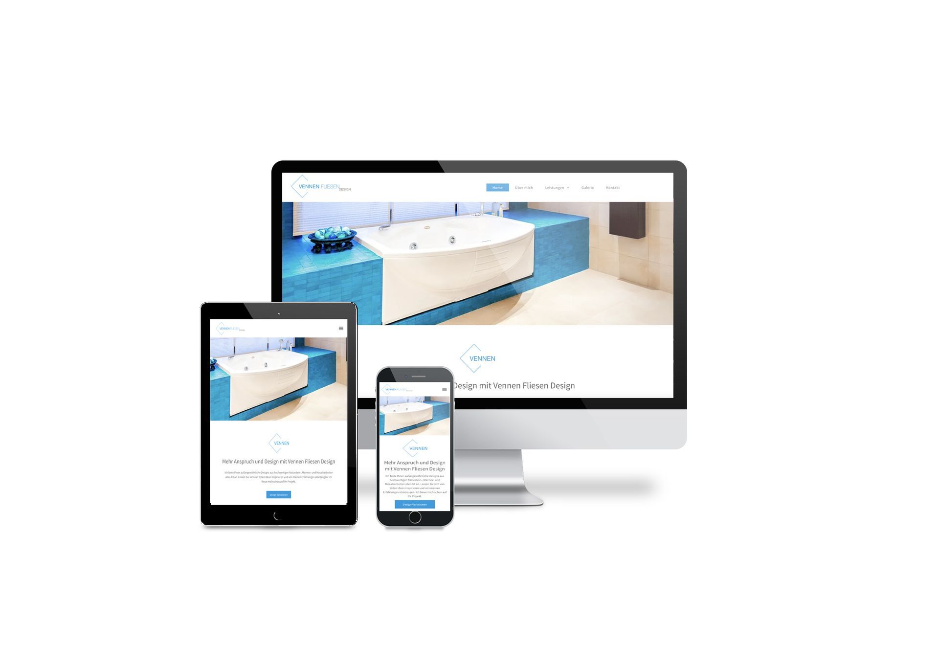 Auf einem Computer, einem Tablet und einem Mobiltelefon wird eine Badezimmer-Website angezeigt.
