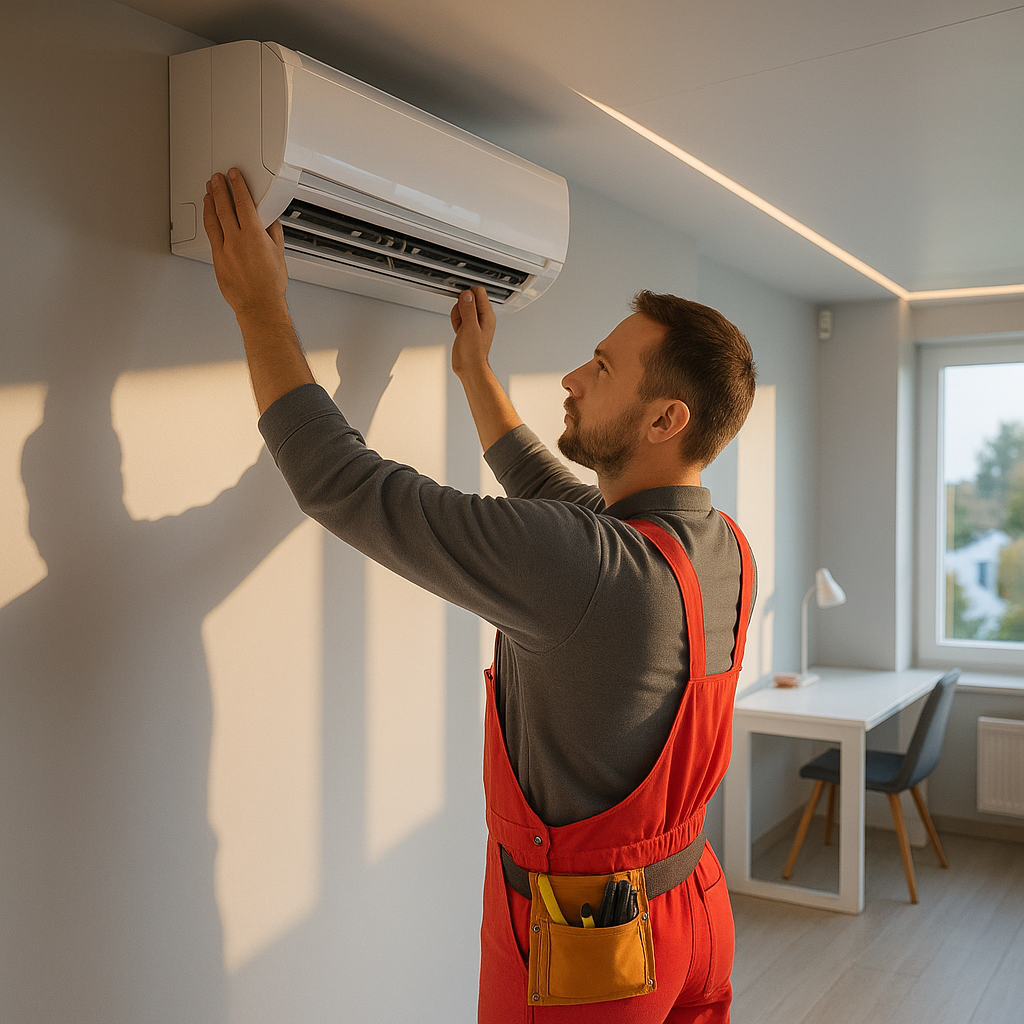 Man in red overalls adjusting an air conditioner unit on a wall in a room.