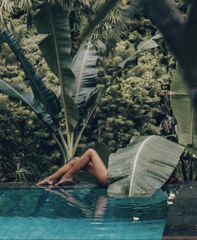 Person reclining by a tropical pool with lush banana leaves and dense greenery in the background