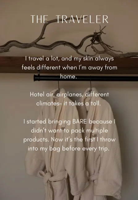 The traveler stands in a beige room, wearing a white shirt and jeans, with travel quote text overlaid.