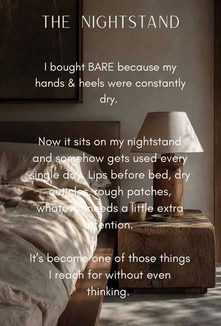 Nightstand beside bed with a lamp and bottle, overlaid with text about bare lips and dry hands.