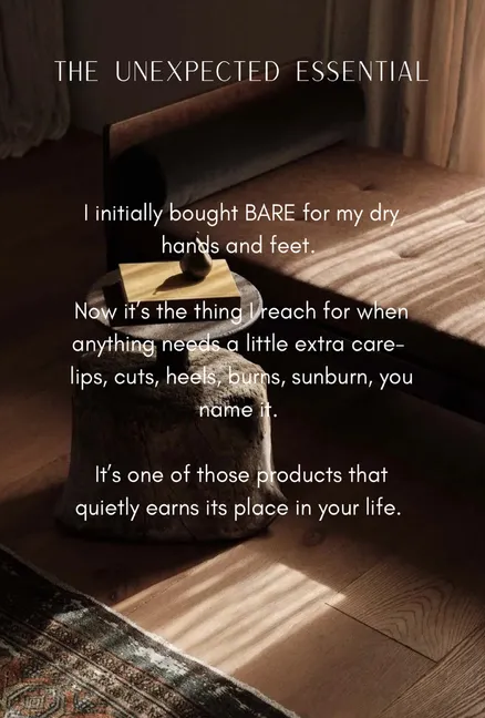 Promotional graphic over a sunlit bedroom bed, featuring text about a BARE skincare product for dry skin.