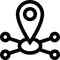 Black location pin with four connected nodes, like a network or sharing icon