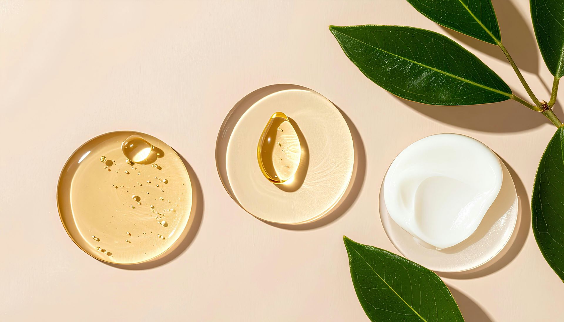 Three cosmetic cream jars on a beige surface with green leaves and soft shadows