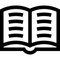 Black open book icon with white page lines on a black background