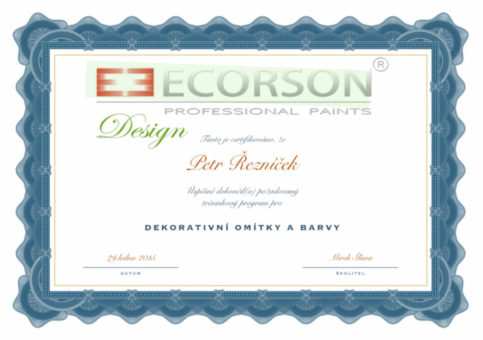 Certifikát ECORSON Professional Paint Design s modrým dekorativním okrajem