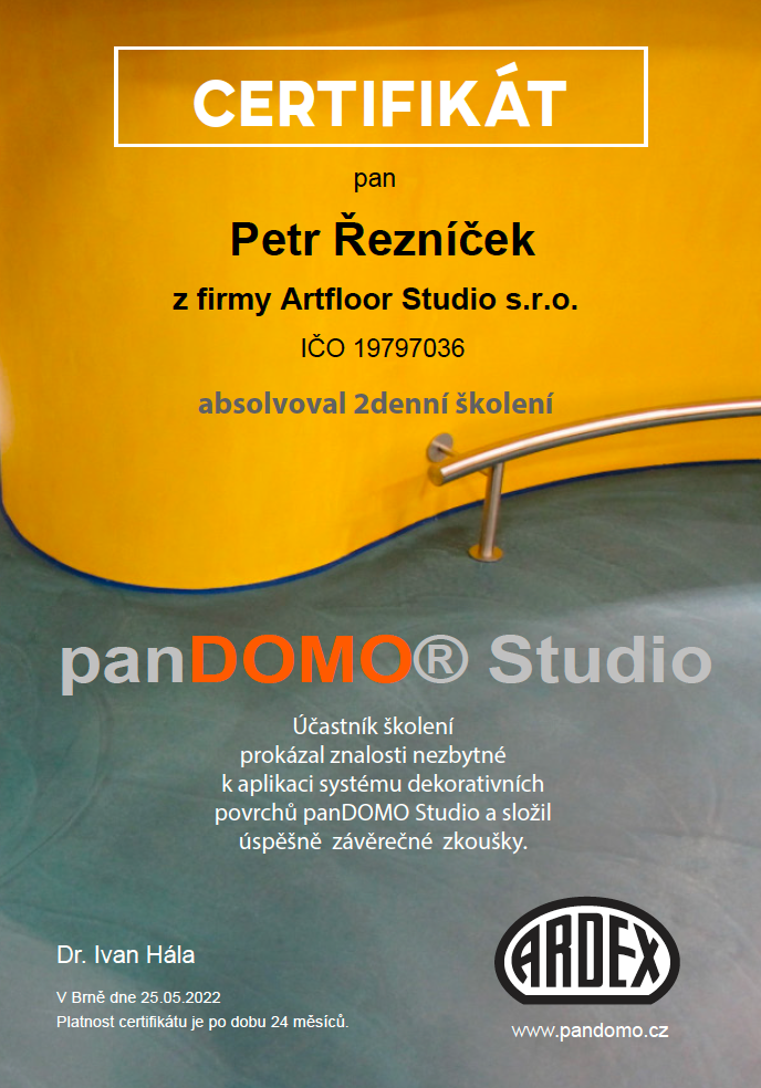 Yellow certificate from panDOMO Studio for Petr Řezníček, with ARDEX logo