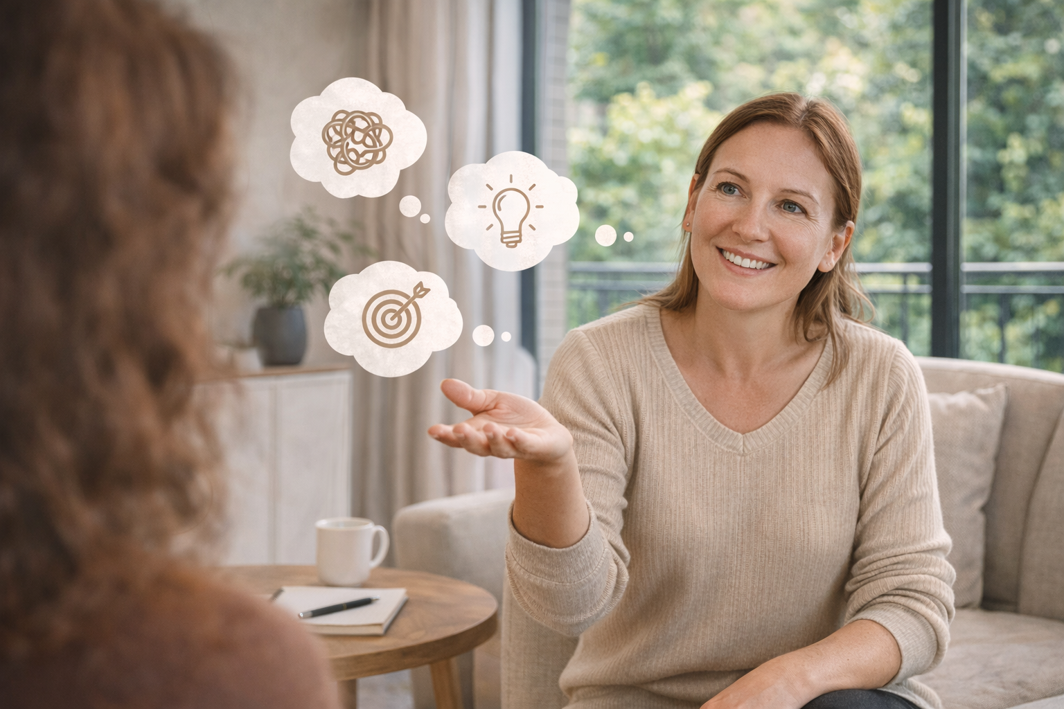 Vrouwelijke coach in gesprek met cliënt over  mindset en veranderen in een rustige omgeving