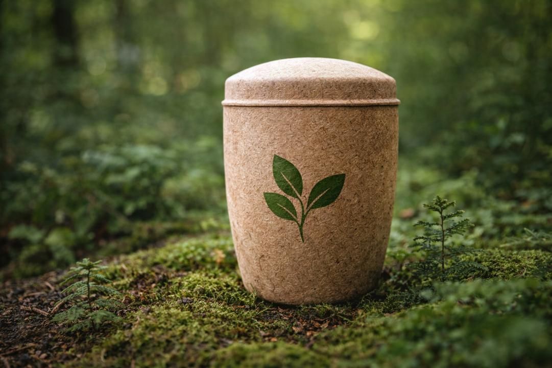 Biodegradable memorial urn placed in a natural forest setting, representing eco-friendly services from a funeral home and cremations in Acworth, GA.