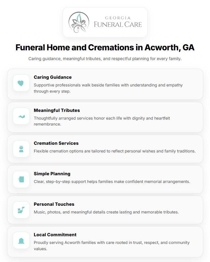 Infographic showing services from a funeral home and cremations Acworth, GA, including caring guidance, cremation services, memorial planning, and personalized tributes.