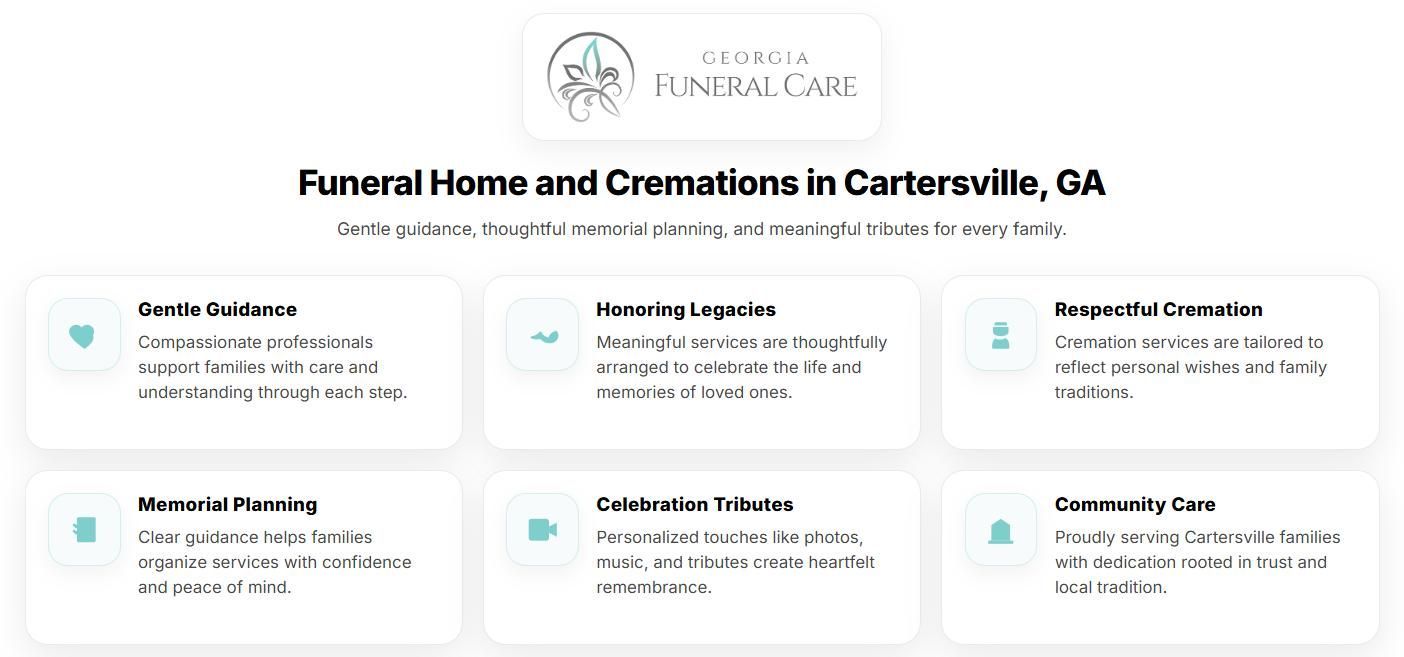 Infographic of services offered by a funeral home and cremations in Cartersville, GA, including memorial planning, cremation options, and family support.