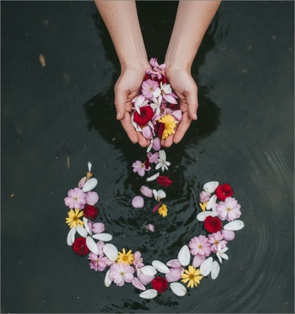 Hands releasing flower petals into water, funeral homes in Cartersville, GA