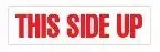 A red and white sign that says `` this side up '' on a white background.
