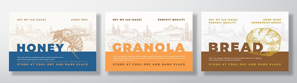 A set of three labels for honey , granola , and bread.