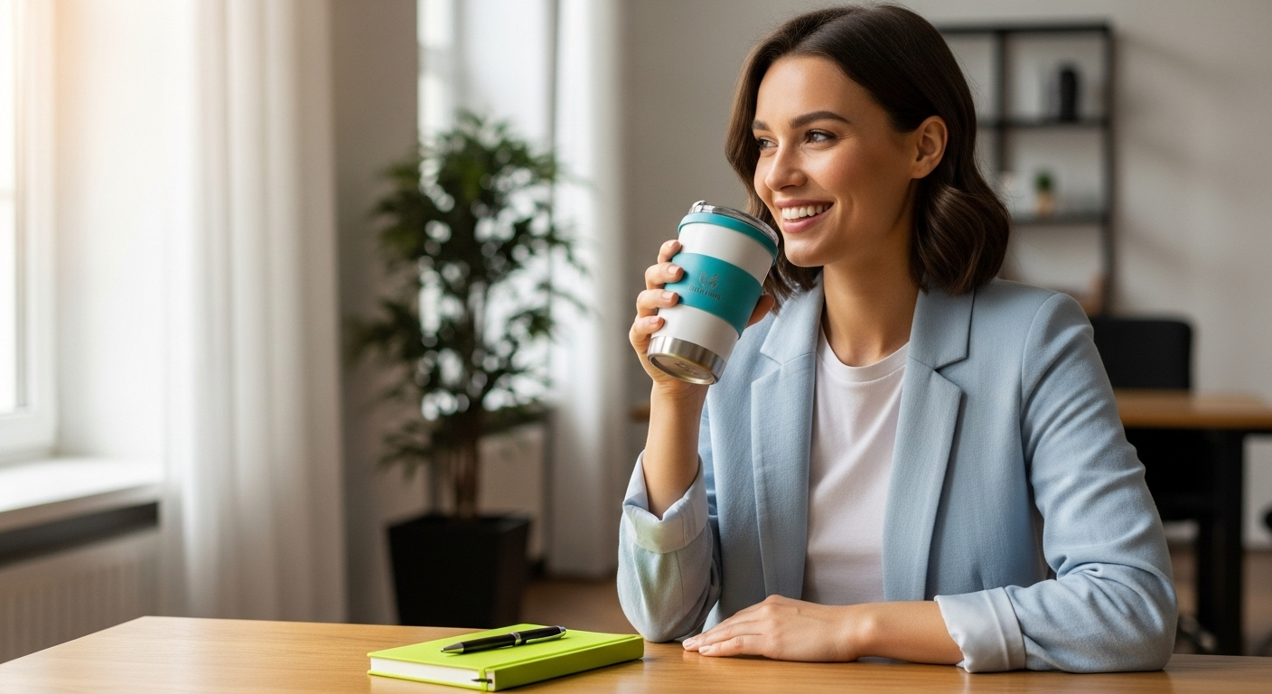 A woman is sitting at a table drinking a cup of coffee from a promotional mug.